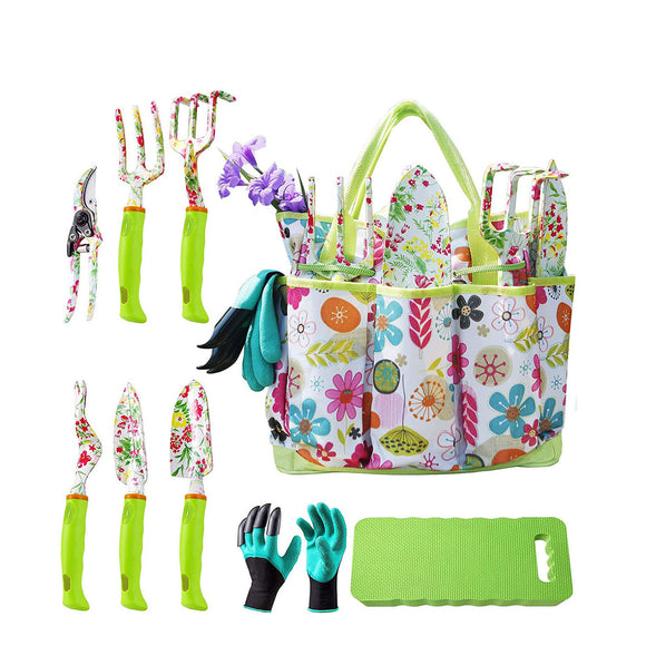 NNEDSZ Green 9-Piece Floral Garden Tool Set for Women – Complete Gardening Kit with Tote Bag, Pruners, and Gloves
