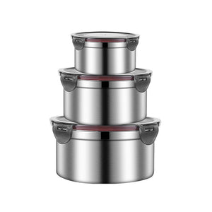 NNEDSZ Brown 3-Piece 304 Stainless Steel Food Storage Set with Leak-Proof Lids – Round Design for Fridge and Meal Prep