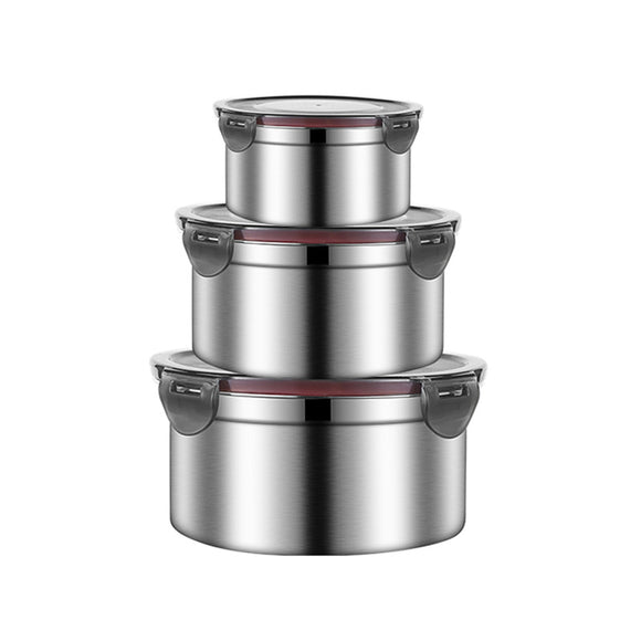 NNEDSZ Brown 3-Piece 304 Stainless Steel Food Storage Set with Leak-Proof Lids – Round Design for Fridge and Meal Prep