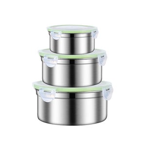 NNEDSZ Green 3-Piece 304 Stainless Steel Food Storage Set with Leak-Proof Lids - Round Design for Fridge and Meal Prep