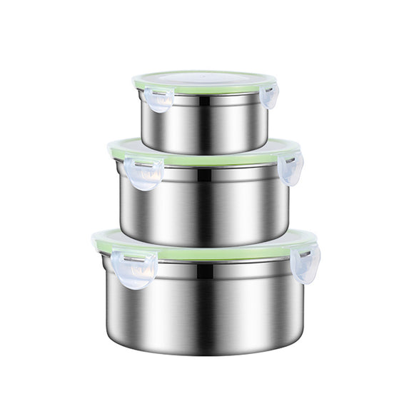 NNEDSZ Green 3-Piece 304 Stainless Steel Food Storage Set with Leak-Proof Lids - Round Design for Fridge and Meal Prep