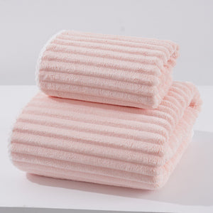 NNEDSZ Pink Soft Candy Stripe Coral Fleece Bath Towel and Washcloth Set, Ultra Absorbent, Skin-Friendly