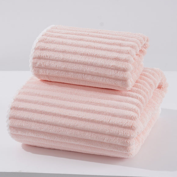 NNEDSZ Pink Soft Candy Stripe Coral Fleece Bath Towel and Washcloth Set, Ultra Absorbent, Skin-Friendly