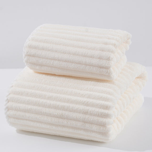NNEDSZ White Soft Candy Stripe Coral Fleece Bath Towel and Washcloth Set, Ultra Absorbent, Skin-Friendly