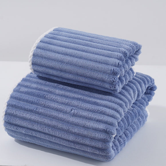 NNEDSZ Blue Soft Candy Stripe Coral Fleece Bath Towel and Washcloth Set, Ultra Absorbent, Skin-Friendly
