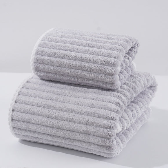 NNEDSZ Grey Soft Candy Stripe Coral Fleece Bath Towel and Washcloth Set, Ultra Absorbent, Skin-Friendly