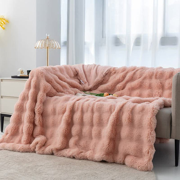 NNEDSZ Pink 100*160cm Plush Toscana Rabbit Hair Throw Blanket - Soft Flannel Fleece for All Seasons, Perfect for Couch & Bed