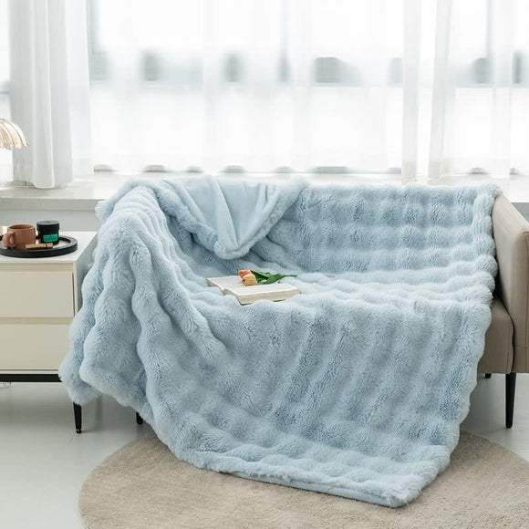 NNEDSZ Light Blue 100*160cm Plush Toscana Rabbit Hair Throw Blanket - Soft Flannel Fleece for All Seasons, Perfect for Couch & Bed