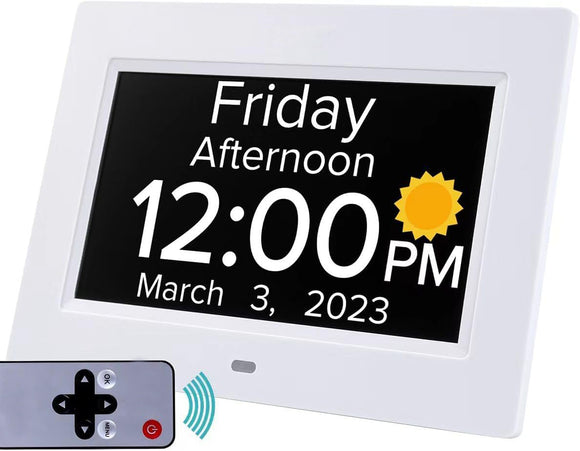NNEDSZ White Crystal Clear 7-Inch Digital Day Clock with Auto Dimming & Voice Assist - Perfect for Seniors