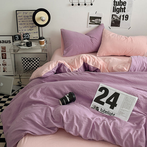 NNEDSZ Pink-purple 1.5m Bed Fitted Sheet Set with 200x230cm Duvet Cover - 4-Piece Bedding Set