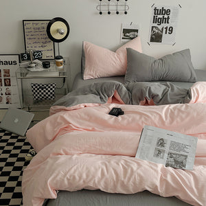 NNEDSZ Pink-grey 1.5m Bed Fitted Sheet Set with 200x230cm Duvet Cover - 4-Piece Bedding Set