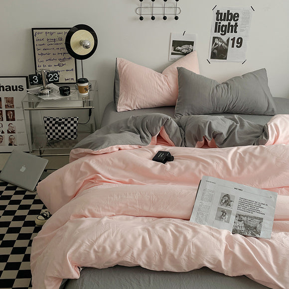 NNEDSZ Pink-grey 1.5m Bed Fitted Sheet Set with 200x230cm Duvet Cover - 4-Piece Bedding Set