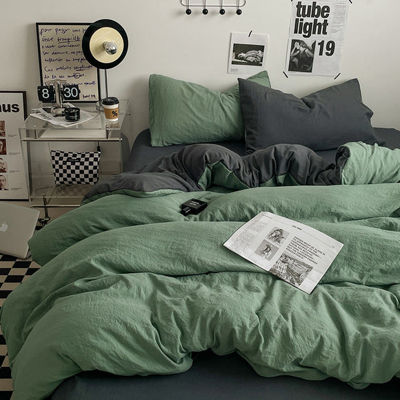 NNEDSZ Green-dark grey 1.5m Bed Fitted Sheet Set with 200x230cm Duvet Cover - 4-Piece Bedding Set