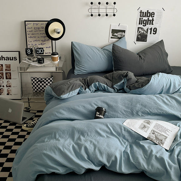 NNEDSZ Lightblue-grey 1.5m Bed Fitted Sheet Set with 200x230cm Duvet Cover - 4-Piece Bedding Set