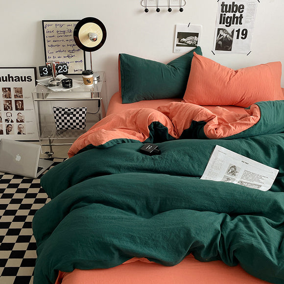 NNEDSZ Orange-green 1.5m Bed Fitted Sheet Set with 200x230cm Duvet Cover - 4-Piece Bedding Set