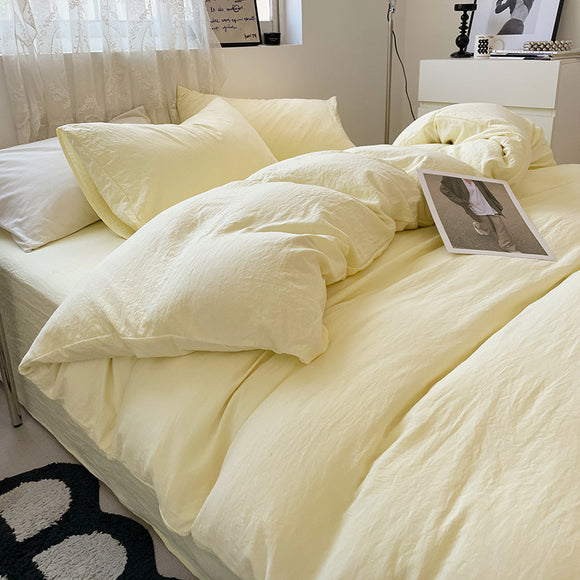 NNEDSZ Light-yellow Solid Color Solid Color Solid Color 1.5m Bed Fitted Sheet Set with 200x230cm Duvet Cover - 4-Piece Bedding Set
