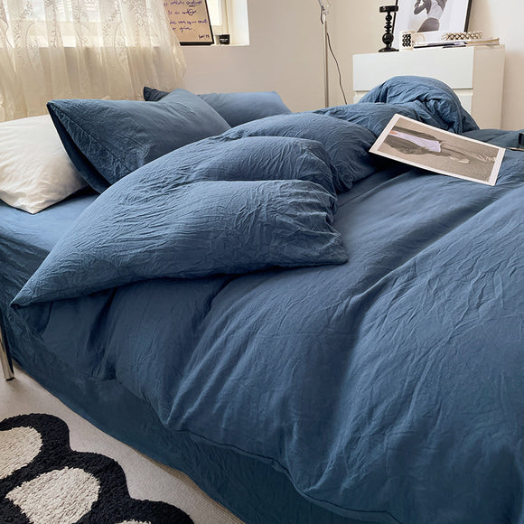 NNEDSZ Dark-blue Solid Color Solid Color Solid Color 1.5m Bed Fitted Sheet Set with 200x230cm Duvet Cover - 4-Piece Bedding Set