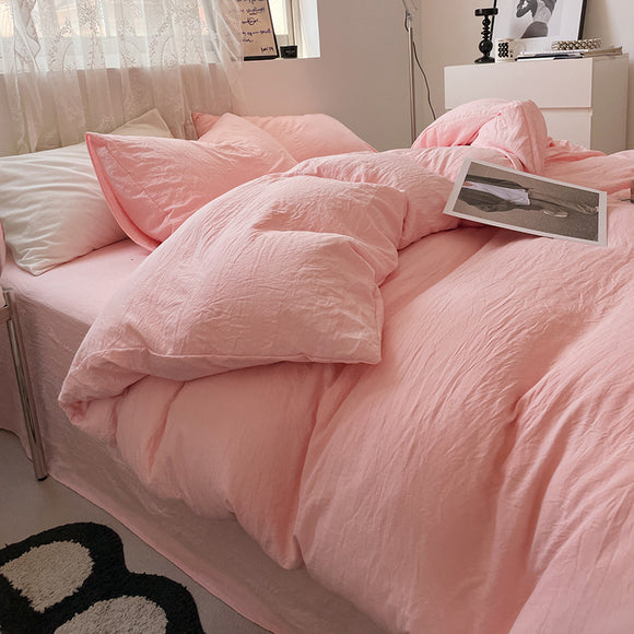 NNEDSZ Pink Solid Color Solid Color Solid Color 1.5m Bed Fitted Sheet Set with 200x230cm Duvet Cover - 4-Piece Bedding Set