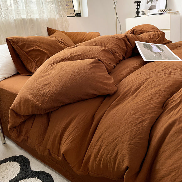 NNEDSZ Caramel Solid Color Solid Color Solid Color 1.5m Bed Fitted Sheet Set with 200x230cm Duvet Cover - 4-Piece Bedding Set