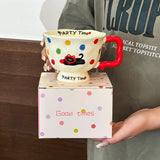 NNEDSZ Polka Dot Kitten Cute Ceramic Mug for Women - 370ml Kawaii Coffee Tea Cup Home Use