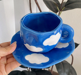 NNEDSZ Blue Sky and White Clouds Underglaze Hand-Pinched Cup and Saucer Set - Ceramic Coffee Mug Milk Cup Breakfast Set