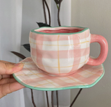 NNEDSZ Pink Plaid 300ML Underglaze Hand-Pinched Cup and Saucer Set - Ceramic Coffee Mug Milk Cup Breakfast Set