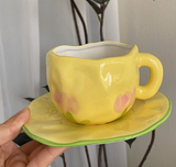 NNEDSZ Yellow Tulip 300ML Underglaze Hand-Pinched Cup and Saucer Set - Ceramic Coffee Mug Milk Cup Breakfast Set