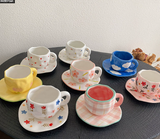 NNEDSZ Yellow Tulip 300ML Underglaze Hand-Pinched Cup and Saucer Set - Ceramic Coffee Mug Milk Cup Breakfast Set