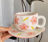 NNEDSZ Pink Flowers On A White Background 300ML Underglaze Hand-Pinched Cup and Saucer Set - Ceramic Coffee Mug Milk Cup Breakfast Set