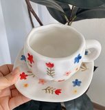 NNEDSZ White Background Large Floral 300ML Underglaze Hand-Pinched Cup and Saucer Set - Ceramic Coffee Mug Milk Cup Breakfast Set