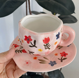 NNEDSZ Pink Background Large Floral 300ML Underglaze Hand-Pinched Cup and Saucer Set - Ceramic Coffee Mug Milk Cup Breakfast Set