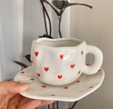 NNEDSZ White Background Little Heart 300ML Underglaze Hand-Pinched Cup and Saucer Set - Ceramic Coffee Mug Milk Cup Breakfast Set