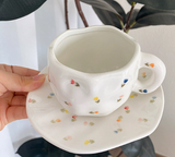 NNEDSZ White Background Little Floral 300ML Underglaze Hand-Pinched Cup and Saucer Set - Ceramic Coffee Mug Milk Cup Breakfast Set