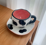 NNEDSZ Milk Cow 300ML Underglaze Hand-Pinched Cup and Saucer Set - Ceramic Coffee Mug Milk Cup Breakfast Set