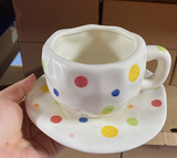 NNEDSZ Colorful Polka Dots 300ML Underglaze Hand-Pinched Cup and Saucer Set - Ceramic Coffee Mug Milk Cup Breakfast Set