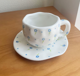NNEDSZ White With Small Blue Fowers 300ML Underglaze Hand-Pinched Cup and Saucer Set - Ceramic Coffee Mug Milk Cup Breakfast Set