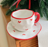NNEDSZ Red Edge Love 300ML Underglaze Hand-Pinched Cup and Saucer Set - Ceramic Coffee Mug Milk Cup Breakfast Set