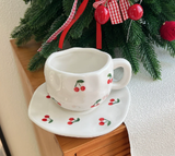 NNEDSZ Red Cherry 300ML Underglaze Hand-Pinched Cup and Saucer Set - Ceramic Coffee Mug Milk Cup Breakfast Set