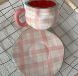 NNEDSZ Two-color Love 300ML Underglaze Hand-Pinched Cup and Saucer Set - Ceramic Coffee Mug Milk Cup Breakfast Set