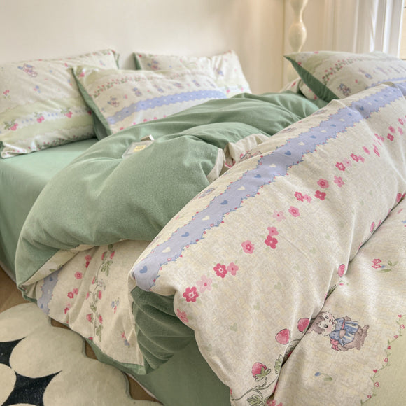 NNEDSZ Rabbit Thick Brushed Cotton 4-Piece Bed Sheet Set (1.5m Bed) - Fits 200x230cm Duvet