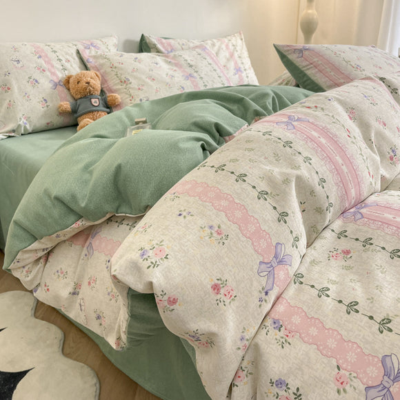 NNEDSZ Sugar Bunny Girl Thick Brushed Cotton 4-Piece Bed Sheet Set (1.5m Bed) - Fits 200x230cm Duvet