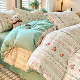 NNEDSZ Green Flower Thick Brushed Cotton 4-Piece Bed Sheet Set (1.5m Bed) - Fits 200x230cm Duvet