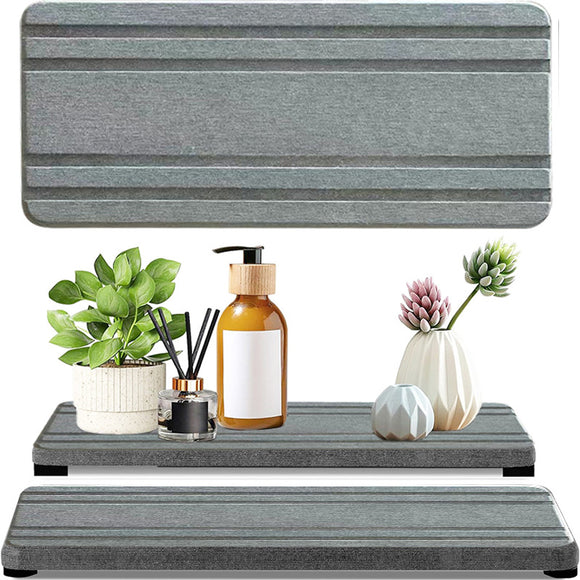 NNEDSZ Upper And Lower Slots Dark Grey 2-Piece Rectangular Diatomaceous Earth Coaster Set - Absorbent Grooved Mat for Sink and Bathroom