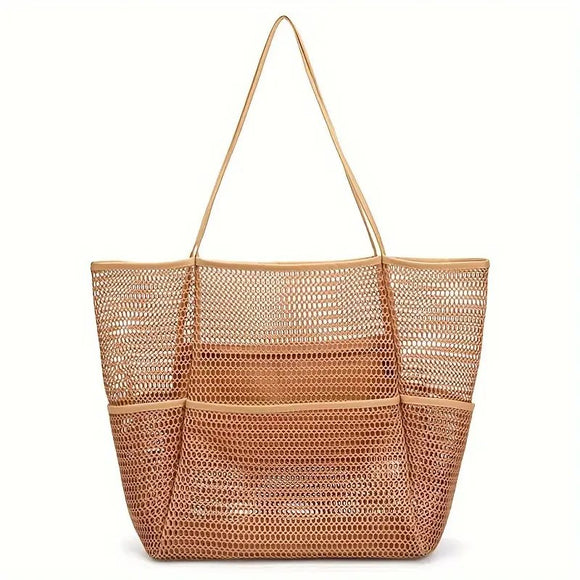 NNEDSZ Brown Double Layer Mesh Beach Bag - Large Capacity