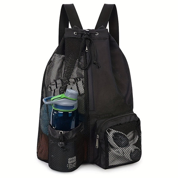 NNEDSZ Black Mesh Drawstring Swim Backpack with Wet Bag - Durable Beach Gym Bag for Wet Gear