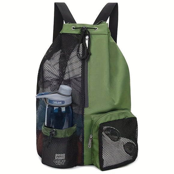 NNEDSZ Green Mesh Drawstring Swim Backpack with Wet Bag - Durable Beach Gym Bag for Wet Gear