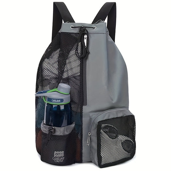 NNEDSZ Grey Mesh Drawstring Swim Backpack with Wet Bag - Durable Beach Gym Bag for Wet Gear