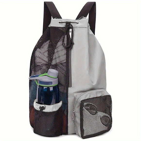NNEDSZ Light Grey Mesh Drawstring Swim Backpack with Wet Bag - Durable Beach Gym Bag for Wet Gear