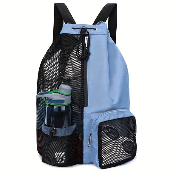 NNEDSZ Blue Mesh Drawstring Swim Backpack with Wet Bag - Durable Beach Gym Bag for Wet Gear
