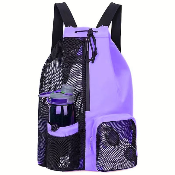 NNEDSZ Purple Mesh Drawstring Swim Backpack with Wet Bag - Durable Beach Gym Bag for Wet Gear